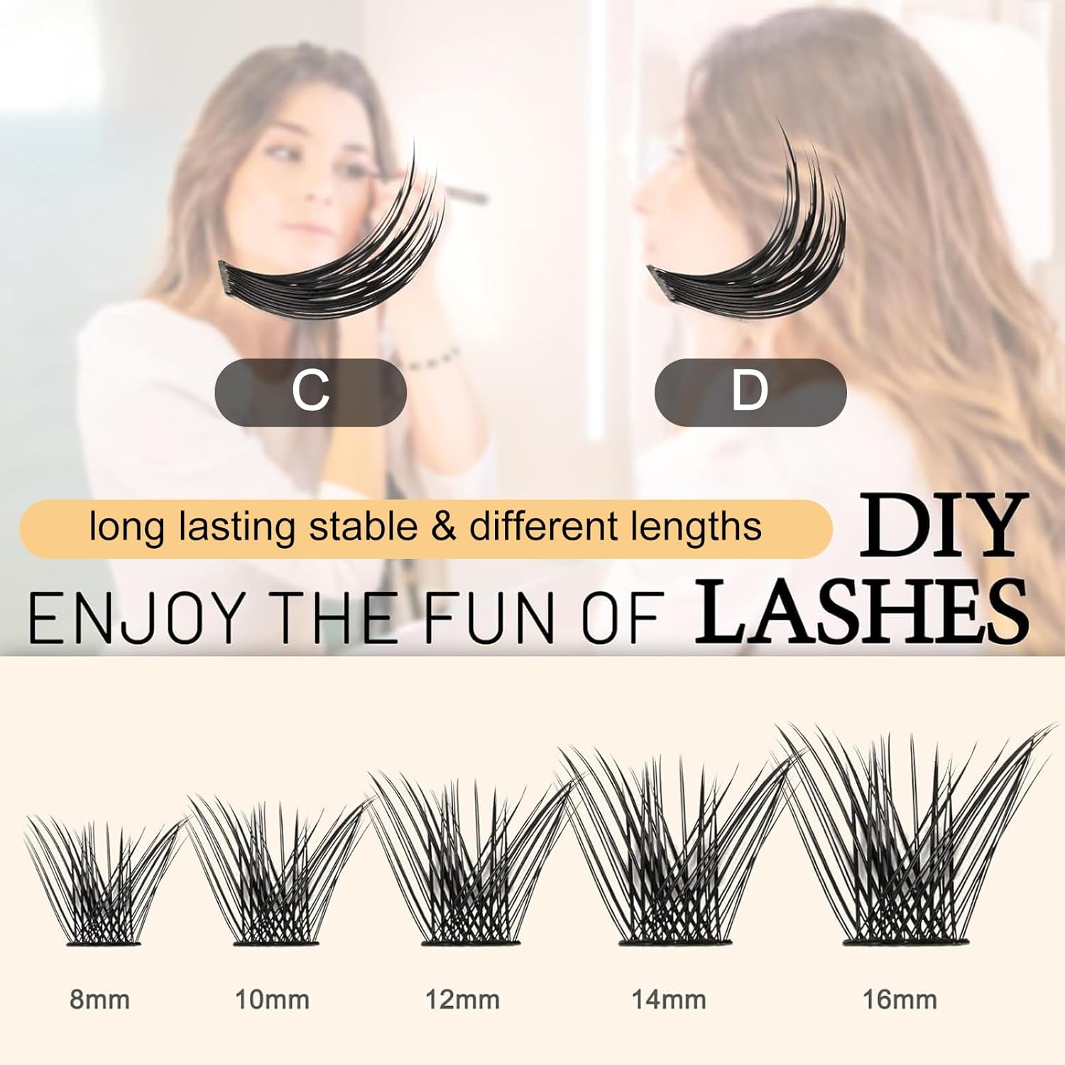 QUEWEL Cluster Lashes 72 Pcs Wide Stem Individual Lashes C/D Curl 8-16mm Length DIY Eyelash Extension False Eyelashes Natural&Mega Styles Soft for Personal Makeup Use at Home (Mega-D-MIX8-16)