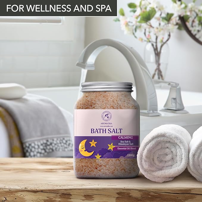 Calming Bath Salts 46 Oz - 1300g - w/Sandalwood & Lavender & Bergamot Essential Oils - Natural Bath Sea Salts 1.3 kg - Good Sleep - Relaxing - Body Care - Beauty - Aromatherapy