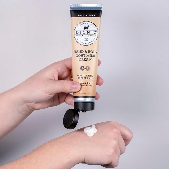 Dionis Goat Milk Skincare Vanilla Bean 8.5oz Hydrating Body Lotion and 3.3oz Hand & Body Moisturizing Travel Size Cream Scented Bundle, Natural Ingredients, Made in the USA, Cruelty Free, Paraben Free