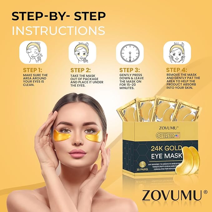 Under Eye Patches (30 Pairs) 24K Gold Skin Care Eye Mask - Puffy Eyes & Dark Circles Treatments - Eye patches Pads With Collagen, Hyaluronic Acid & Castor Oil, Skin Care for Men & Women Gift