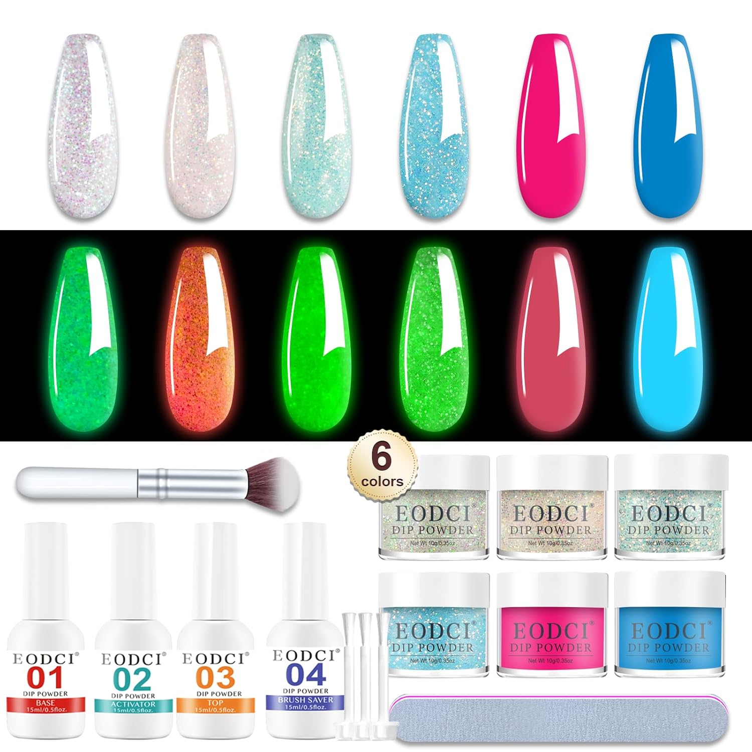 Glow in Dark Dip Powder Nail Set, 6 Colors 12 Pcs Dipping Powder Kit With Base & Top Coat/Activator/Brush Saver,Nail Art Dip Manicure Kits Odor-Free&Long-Lasting, No Needed Nail Lamp Curing