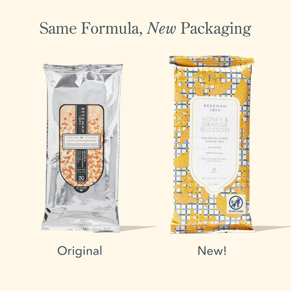 Beekman 1802 Face & Body Wipes, Honey & Orange Blossom - Scented - 30 Count - Cleanses - With Goat Milk, Aloe & Vitamin E - Alcohol Free, Biodegradable - Good for Sensitive Skin - Cruelty Free