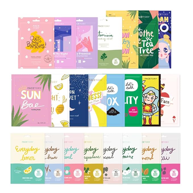 FACETORY 23 Sheet Mask Collection and Urban Calm Vita Serum Bundle - Brightening and Hydrating Skincare Set - 23 Sheet Masks and 1 Niacinamide Serum - for All Skin Types