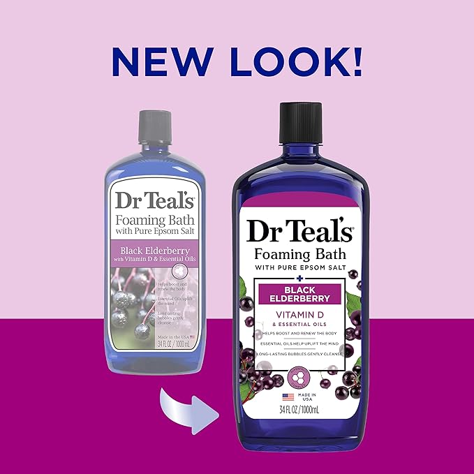 Dr Teal's Foaming Bath with Pure Epsom Salt, Black Elderberry with Vitamin D, 34 fl oz (Pack of 4) (Packaging May Vary) & Pure Epsom Salt Soak, Black Elderberry with Vitamin D, 3 lbs (Pack of 4)