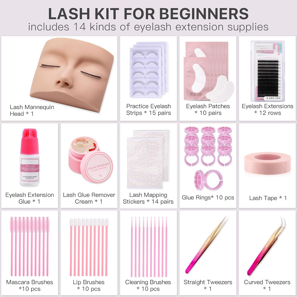 Lash Kit for Beginners, Eyelash Extension Kit with Eye Lash Mannequin Head, Eyelash Extension Glue, Remover Cream, Tweezers for Practice Training