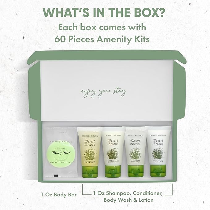 Desert Breeze Amenity Kit | Boxed Hotel Toiletries Bulk Set | 1 oz Shampoo, Conditioner, Lotion, Body Wash & Body Bar Soap | 60 Sets per Case