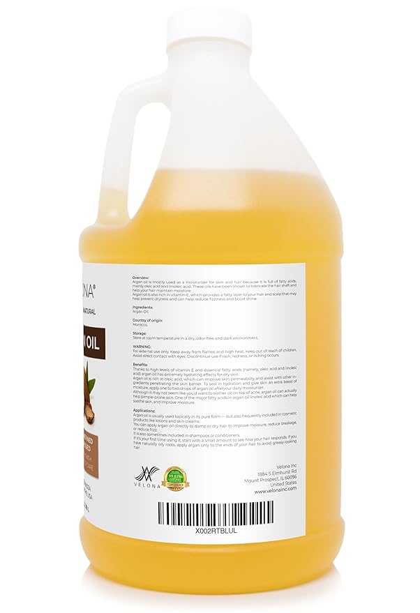 velona Argan Oil - 1 Gallon / 128 Fl Oz | 100% Pure and Natural | Morocco Oil | Stimulate Hair Growth, Skin, Body and Face Care | Nails Protector | Unrefined, Cold Pressed