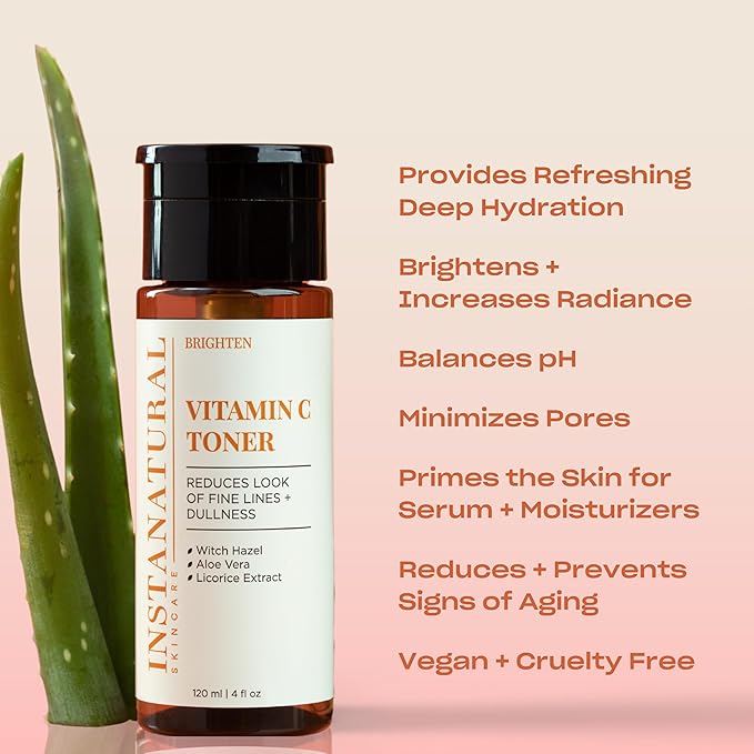 InstaNatural Vitamin C Face Toner, Brightens, Balances pH and Reduces Signs of Aging, Fine Lines and Wrinkles, with Witch Hazel, Lavender and Geranium Oils, 4 Fl Oz