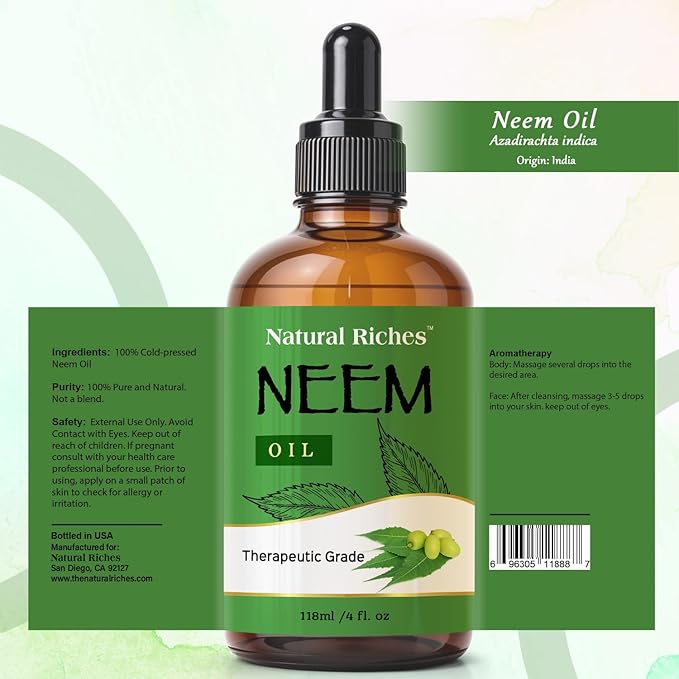 Natural Riches Neem Oil for Skin Care Cold Pressed, 100% Pure. Great for Hair Care, Skin, Nails, Acne Anti-Aging Moisturizer - You can also use it on plants. 4 fl. oz.