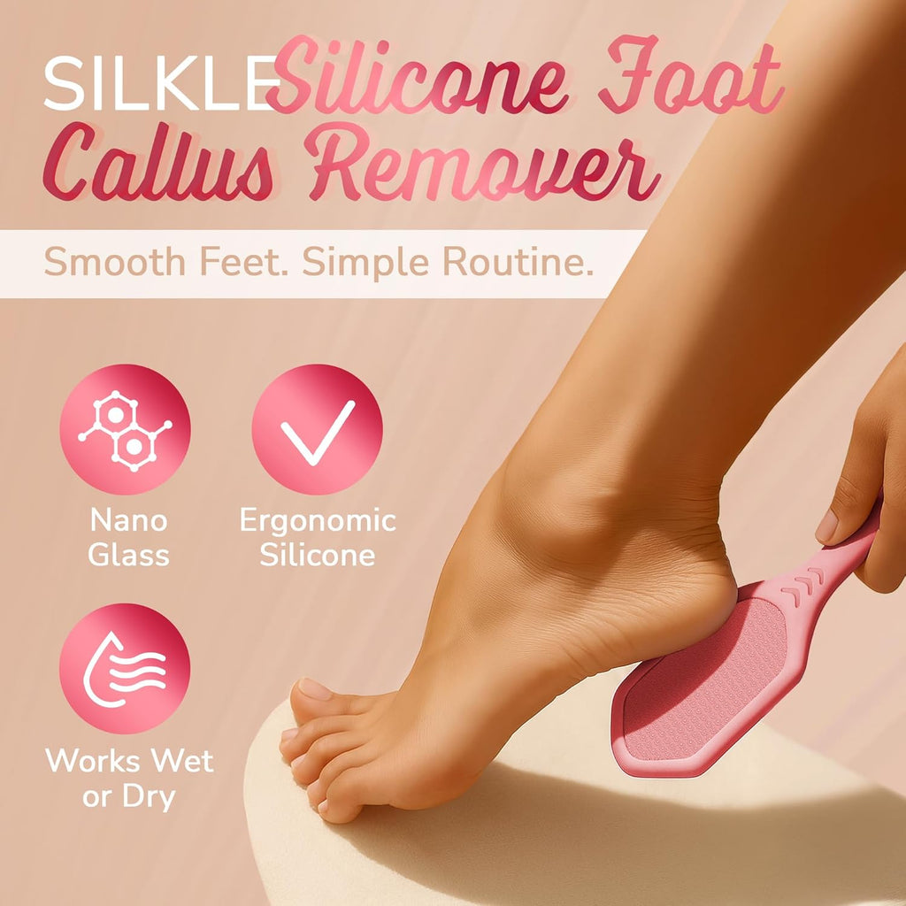 Silicone Foot Callus Remover - Nano Glass Foot File for Dead Skin and Cracked Heels - Callus Remover for Feet & Hard Skin - Ergonomic Foot Scrubber & Exfoliator for Soft, Smooth Feet - Pink