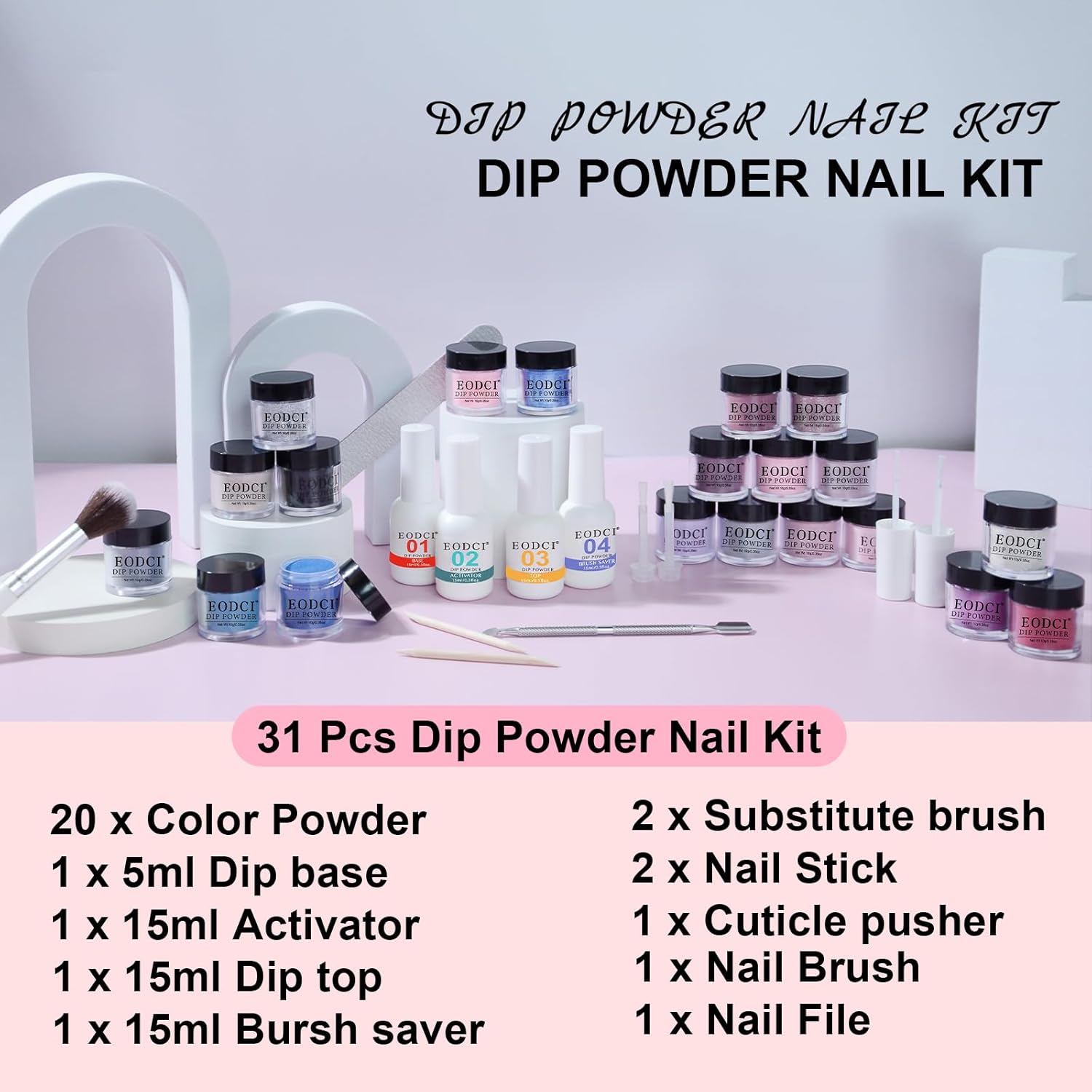 31 Pcs Dip Powder Nail Kit, 20 Colors Glitter Nude Pink Blue Gray Dip Powder Liquid Set with Top/Base Coat Activator for French Nails Art Manicure DIY Salon, No Needed Nail Lamp Curing