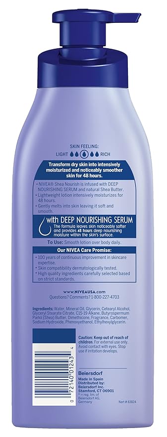 NIVEA Shea Nourish Body Lotion with Deep Nourishing Serum and Shea Butter, 48-Hour Moisturizing Body Lotion for Dry Skin, Nourishes and Smooths Dry Skin, 16.9 Fl Oz Pump Bottle