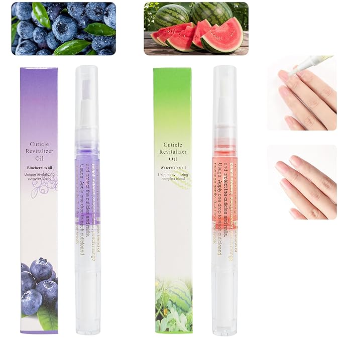 Meschett 2PCS Cuticle Oil Pens for Nail Care,Cuticle Revitalizer Oil Pen with Soft Brush,Cuticle Oil to Prevent Nail Cracking and Dry (Blueberry & Watermelon Flavor)