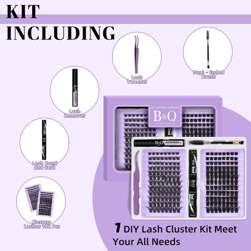 B&Q Lash Extension Kit 192 pcs Eyelash Extension Kit B02+B07 8-18mm Mixed Lash Clusters Kit Individual Lashes Kit Wispy with Lash Glue and Remover Applications Eyelash Kit (B02+B07, Kit)