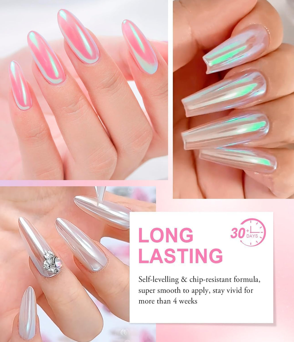 4pcs Chrome Nail Powder: Upgrade Silver Mermaid Effect White Chrome Nail Powder,Iridescent Aurora Holographic Nail powder Kit for DIY Nail Art Decorations(Laser,Green)