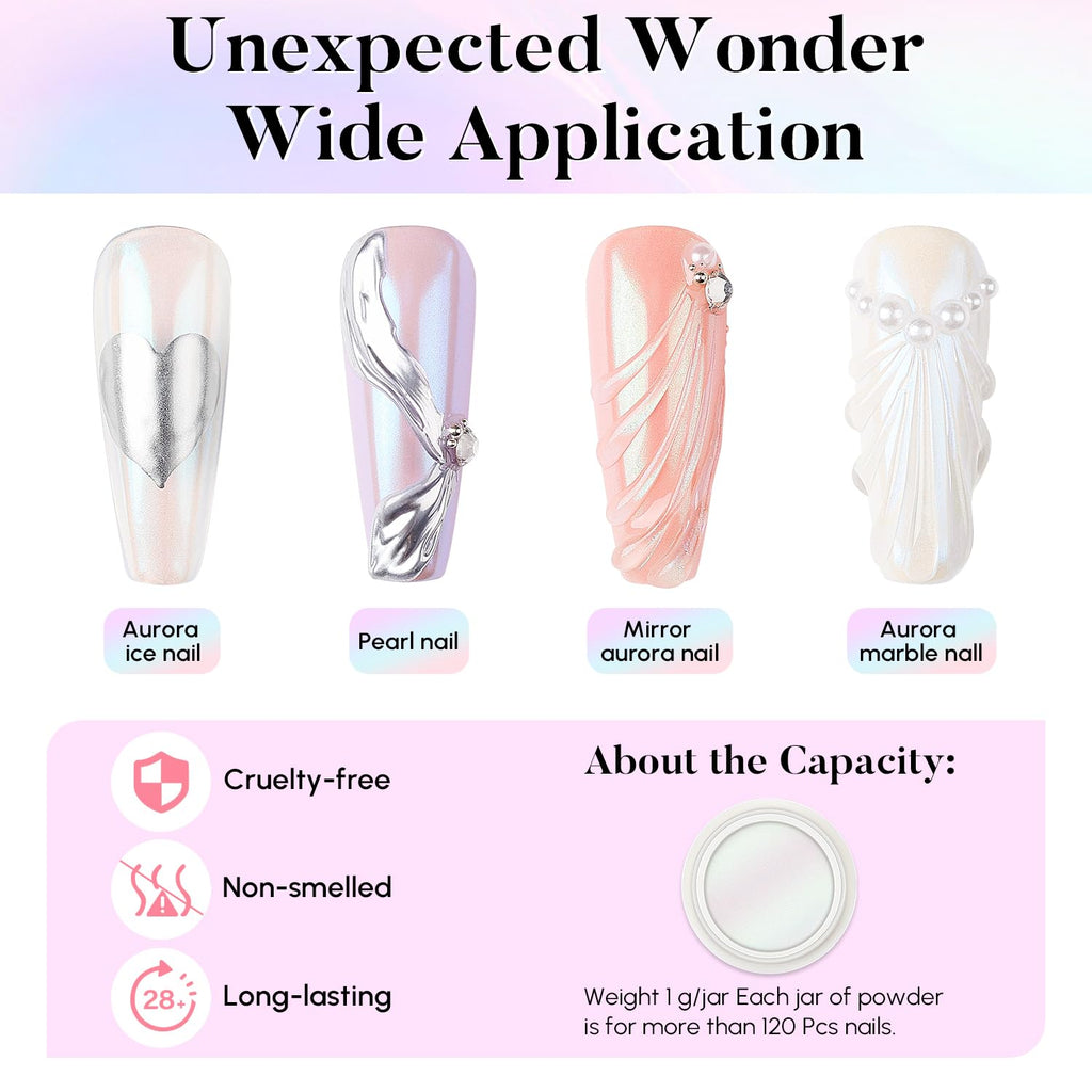 AIMEILI Pearl Chrome Nail Powder, Vegan, Cruelty Free, 4 Colors Aurora Metallic Holographic Mirror Effect Nail Art Pigment Iridescent Shell Glitter Nail Art