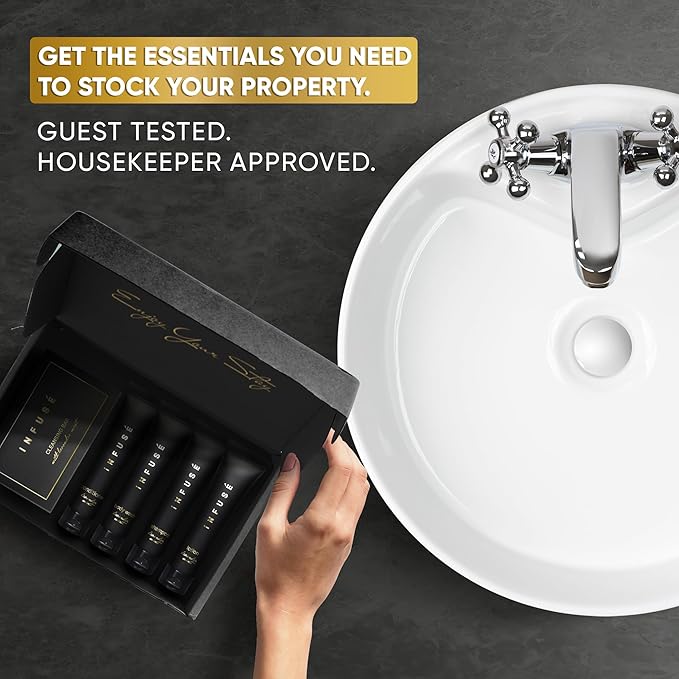 Infuse Black Amenity Kit | Hotel Bulk Toiletries | 1 oz Shampoo, Conditioner, Lotion, Body Wash, Cleansing Bar Soap for Guest Hospitality Vacation Rentals | 1 Set/Case