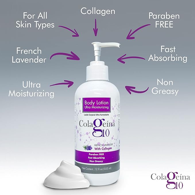 Colageina 10 Ultra Moisturizing Body Lotion (12 fl oz) - French Lavender - Non Greasy, Fast Absorbing, Anti-Aging, Daily Lotion Powered by Hydrolyzed Collagen