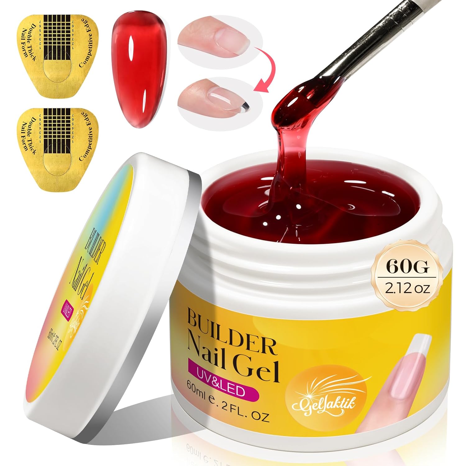 Builder Gel for Nails, 60g Creamy Amber Hard Gel for Nail Extension with 10 Nail Forms, Strengthener & Thickening, UV LED Lamp Cured Sculpture, Repair Broken Nails, Salon DIY Manicure Kit