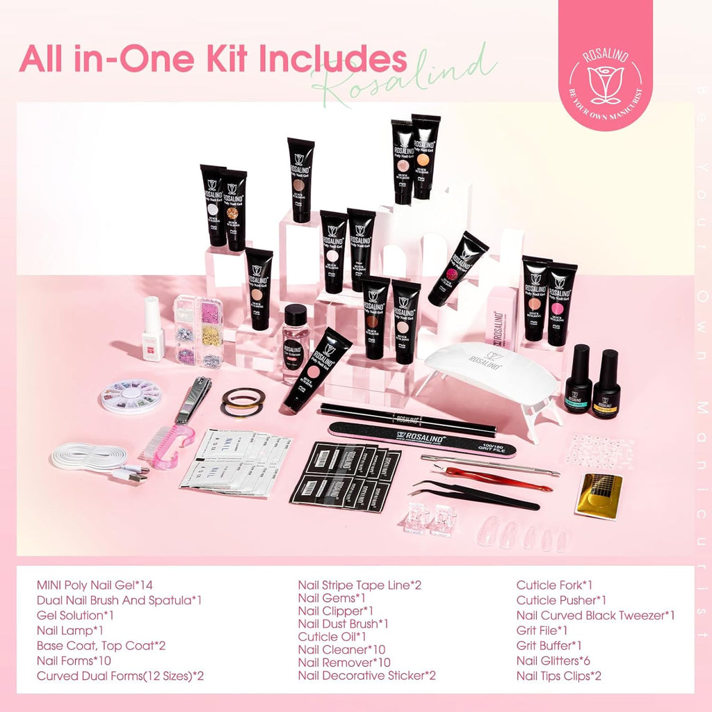 ROSALIND 14 Colors Poly Nail Gel Kit with Mini Nail Lamp Pink Brown Poly Nails Gel Kit Starter Kit With Slip Solution Kit Pink Extensions Gelfor Nail Manicure Beginner