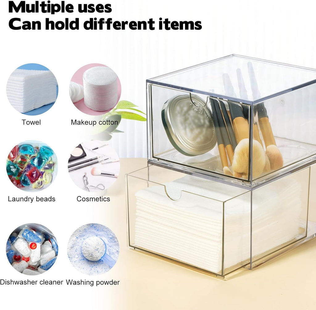 Rainmae 2 Pack Disposable Face Towel Holder, Face Towel Storage Box, Stackable Clear Makeup Organizer with Drawer for Clean Skin Club Face XL Towels Holder for Vanity Bathroom and Makeup Organization