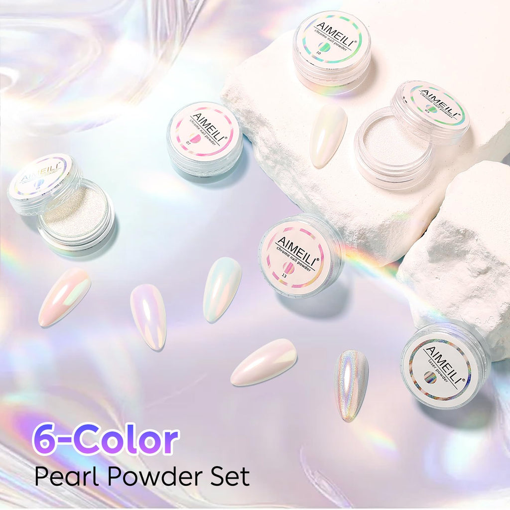 AIMEILI Pearl Chrome Nail Powder, Vegan, Cruelty Free, 6 Colors Aurora Metallic Holographic Mirror Effect Nail Art Pigment Iridescent Shell Glitter Nail Art