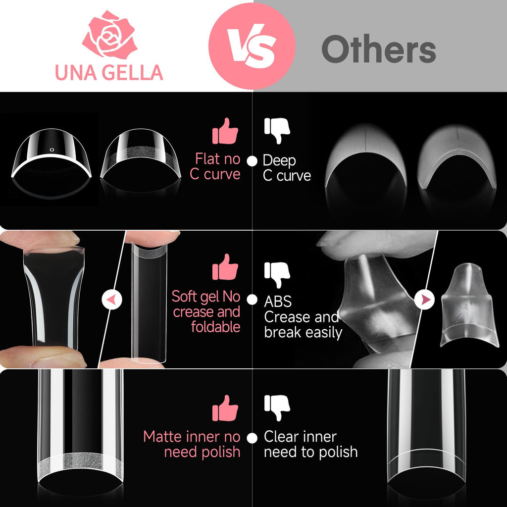 UNA GELLA No C Curve Nail Tips 504 PCS Extra Long XXL Tapered Square Nail Tips Half Cover Nails tips Straight Shape For French Acrylic Nails False Fake Clear Tips Square Shape with Box
