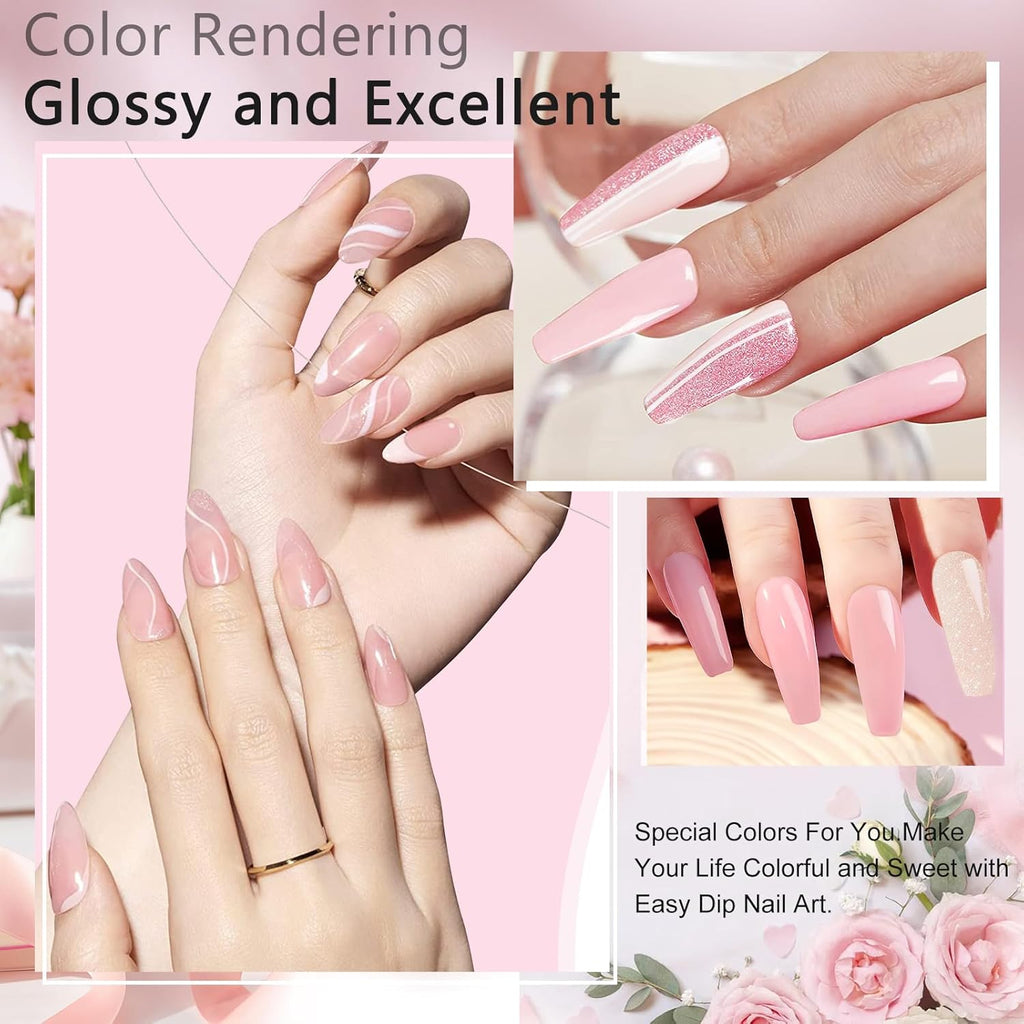 Honey Joy Dip Powder Nail Kit Starter, 4 Colors Pink Glitter Fine Dipping Powder Nude Color Kit with Base Top Coat Activator for Nail Art Manicure Salon DIY No LED Nail Lamp Needed, Dip-7pcs-No.17