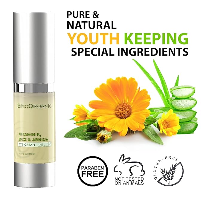 Epic Organic Eye Cream - Vitamin K & Arnica - Naturally Reduces Wrinkles, Under Eye Bags, Puffiness, Dark Circles & Fine Lines, Nourishes Around Eye Skin | 0.5oz
