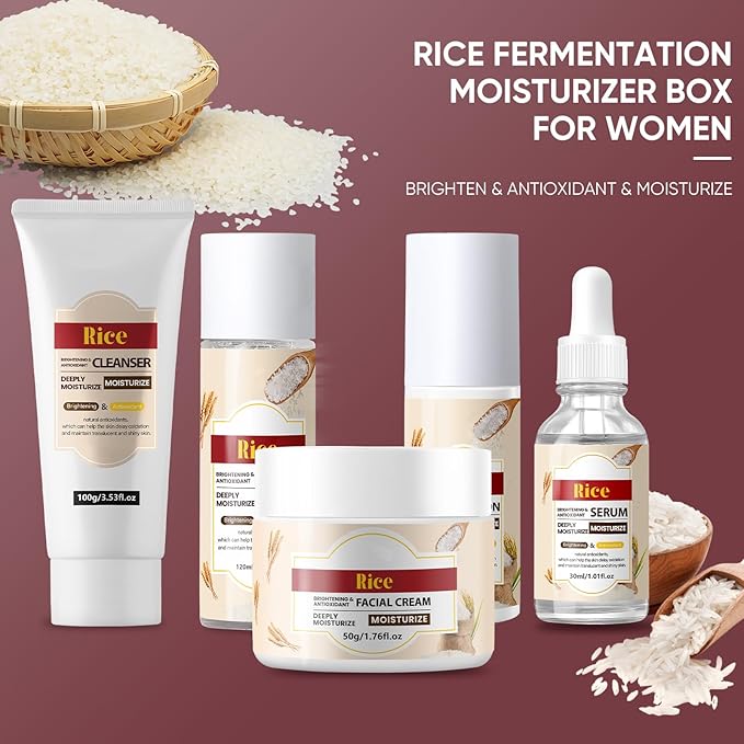 Rice Water Skin Care Set for Women & Men & Teens & Girls, Facial Kit with Cleanser 3.53oz, Toner 4.06oz, Serum 1.01oz, Lotion 3.38oz, Cream 1.76oz, Teenage Rice Moisturizing Travel Skincare Gift Set