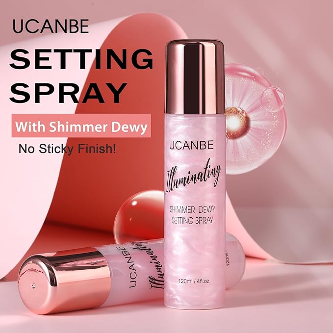 UCANBE Shimmer Dewy Setting Spray – Glowing + Makeup Setting Spray 2 in 1 Lightweight Formula for a Radiant Glow,Long-Lasting Face Mist for Face Body, 4 Fl Oz #Champagne