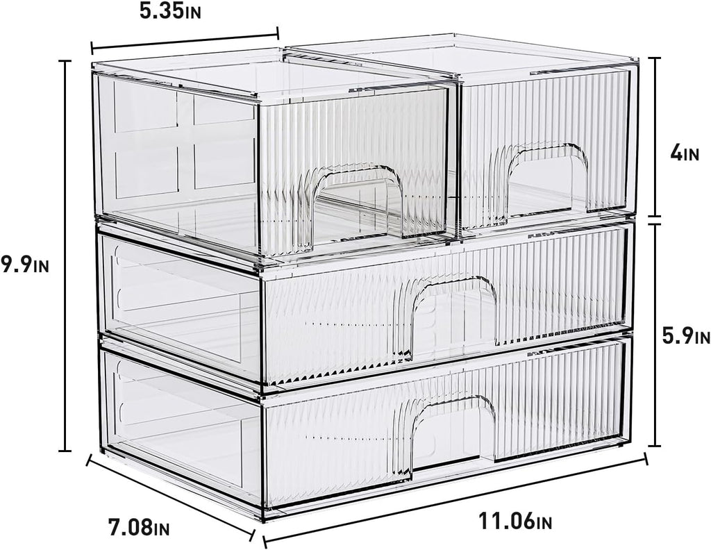 ZHIAI Stackable Storage Box, Acrylic Organizer, Cosmetic Organizer for Cosmetics and Beauty Products for Dressers, Bathrooms, Cabinets, Bedrooms and Home Organization 4 Piece Set