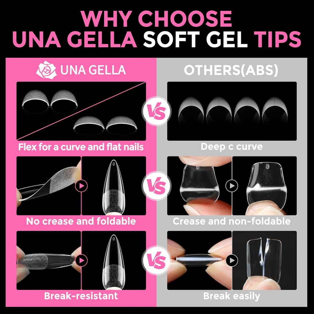 UNA GELLA Long Stiletto Gel Nail Tips: 216pcs Stiletto Almond Fake Nails Pre-Shape Long Almond Press Ons for Full Cover Acrylic French False Nails for Nail Extension Nail Art DIY Salon 12 Sizes