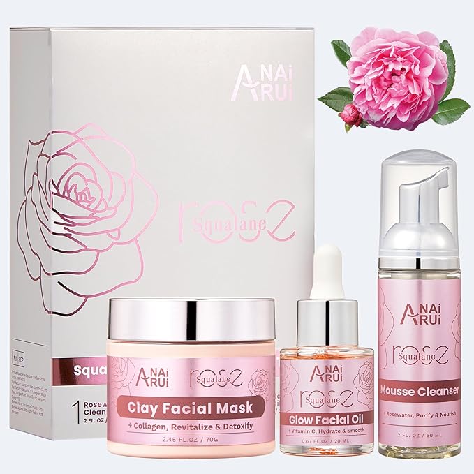ANAiRUi Rose Skincare Gift Set, Mother's Day Gift for Women, Facial Skincare Kit for Women, Rose & Squalane Face wash and Moisturizer Set with Clay Mask, Face Cleanser and Facial Oil, Purify, Hydrate