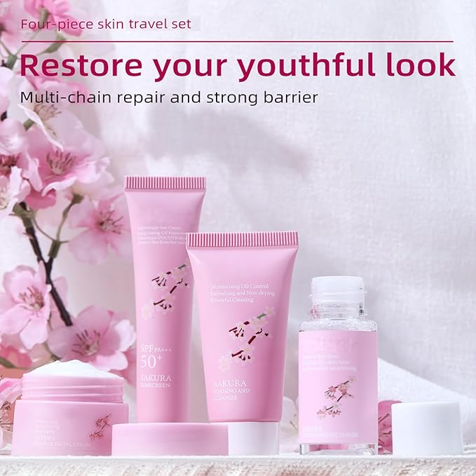 Sakura Skincare Gifts for Teenage Girls Skincare Kits - Skin Care Sets & Kits - Cherry Blossom Skin Care Kit - Pamper Sets For Women Gifts - Travel Size Face Wash-Toner-Moisturizer-Sunscreen