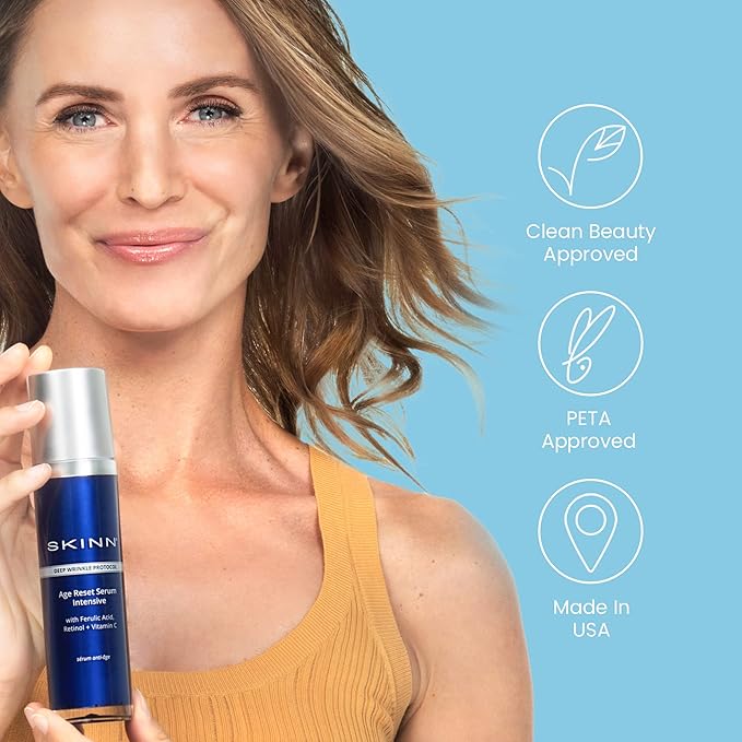 SKINN Deep Wrinkle Facial Serum, Intensive Age Reset Serum - Anti Wrinkle Repair Face Serum - Hydrating & Plumping Anti Aging Serum Reduces Fine Lines - Ferulic Acid, Retinol & Vitamin C