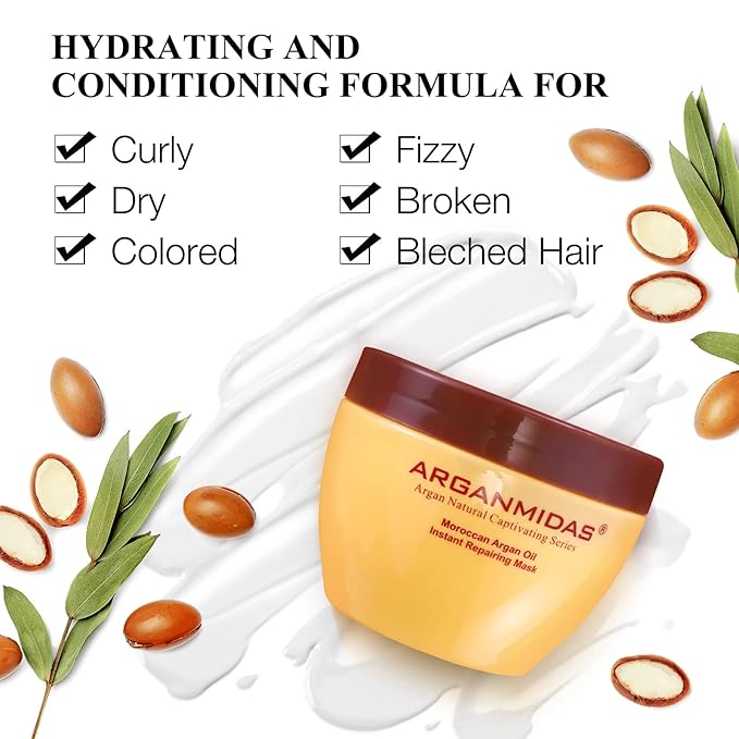 Hydrating Argan Oil Instant Repairing Hair Mask, Deep Conditioner Hair Treatment for Dry Damaged, Curly, Dye, Split End and Bleached Hair,10.2 Fl Oz