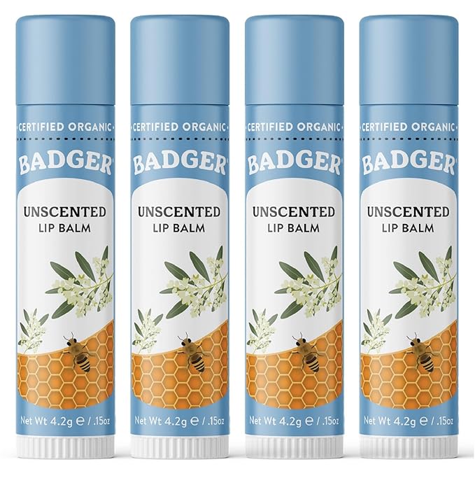 Badger Unscented Classic Lip Balm, 100% Organic Lip Balm for Sensitive Lips, Long Lasting Lip Moisturizer w/Light Silky Texture, 4 Pack