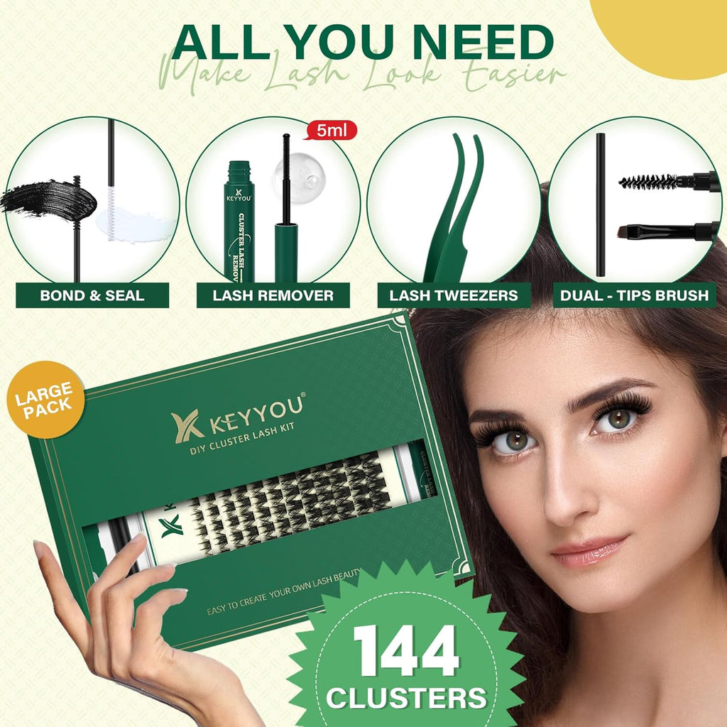 DIY Lash Extension Kit KEYYOU 144pcs Lash Clusters Eyelash Extension Kit with Mascara Brush Bond and Seal Lash Remover Lash Applicators Lash Brush for DIY Lash Extensions (Y22 Kit)