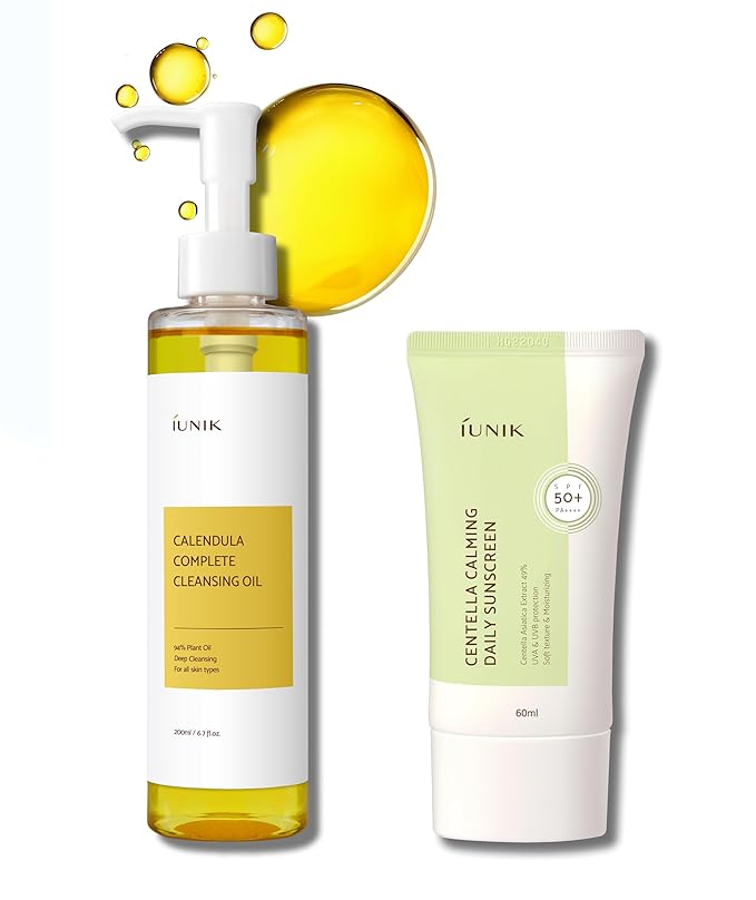 IUNIK Centella Calming Moisture Daily Sunscreen SPF 50+ PA++++ Matte & No White Cast Centella Asiatica w/ Calendula Cleansing Oil Kit