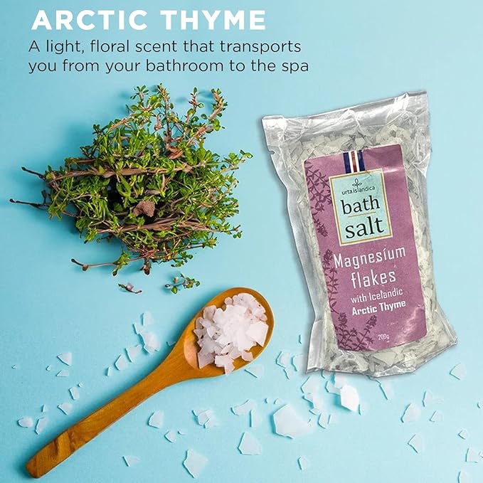 Magnesium Bath Salts with Icelandic Arctic Thyme 200g - Luxury Alternative to Epsom Salt Bath Soak, Magnesium Flakes Sitz Baths, Foot Soaks, Magnesium Chloride Relaxing Magnesium Soak