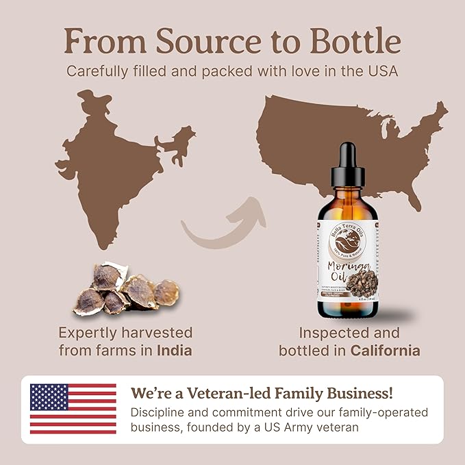 Bella Terra Oils - Organic Moringa Oil 4oz - The Power of Pure Premium Organic Moringa, Fortified with Vitamin A & C, Enhancing Skin's Natural Brilliance