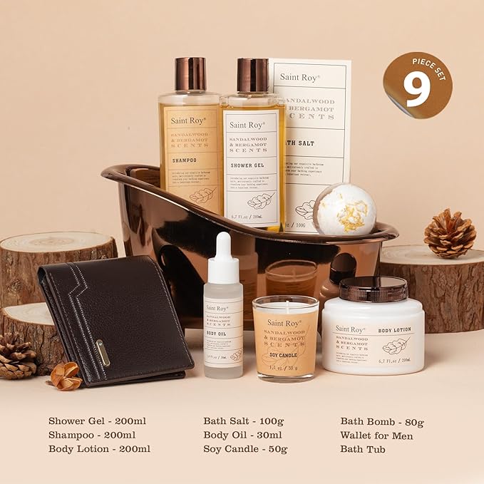 9Pcs Birthday Gifts Spa Kit for Men Cedar & Bergamot Scents Bath Gift Set and Shower Gift Bath and Body Gift Basket Set for Mans Gifts Bath Spa Kit Bath Spa Baskets, Home Spa Care Men Gift set