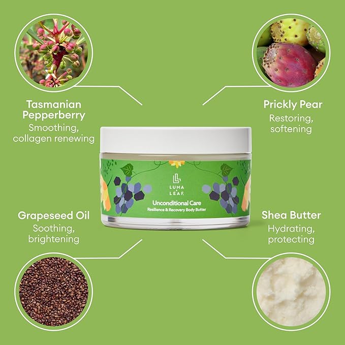 LUMA & LEAF Unconditional Care Whipped Body Butter – 5 fl oz Natural Shea Butter Body Cream with Grapeseed Oil, Tasmanian Pepperberry & Vitamin E – Ideal for Deep Hydration & Scar Repair