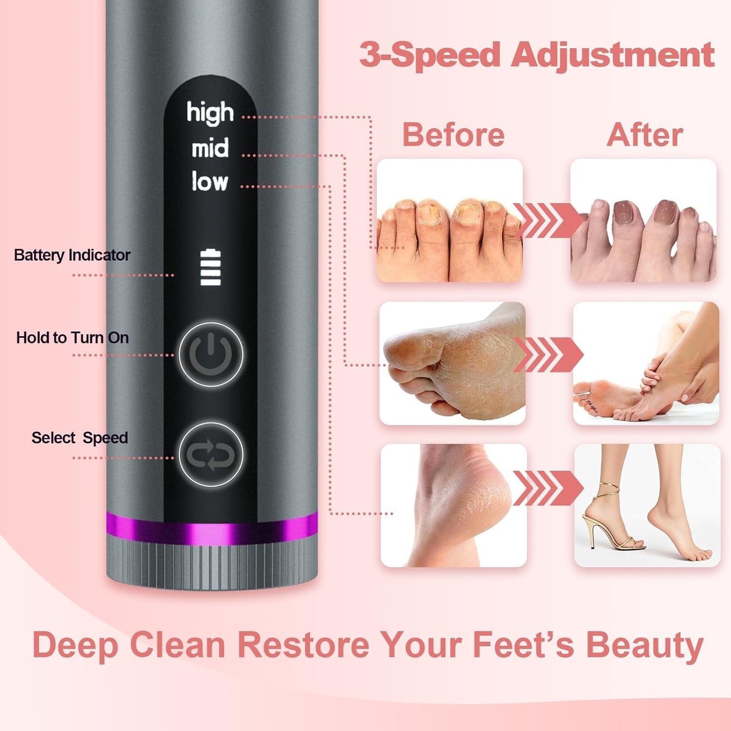 Electric Callus Remover for Feet, 3 Speeds Electric Foot Callus Remover with Powerful Brushless Motor, 2600mAh Runs for 7Hours, Washable Nano Glass Head, 60 Pcs Sandpaper Discs, Gift for Women & Men