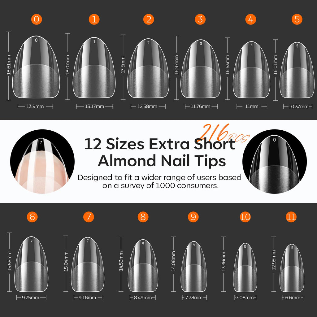 modelones Extra Short Almond Nail Tips, Pre-shaped Tips x Gel Soft Fake Nails False Acrylic Clear Full Cover Press on Extension Kit x Gel Manicure DIY at Home 216PCS 12Sizes