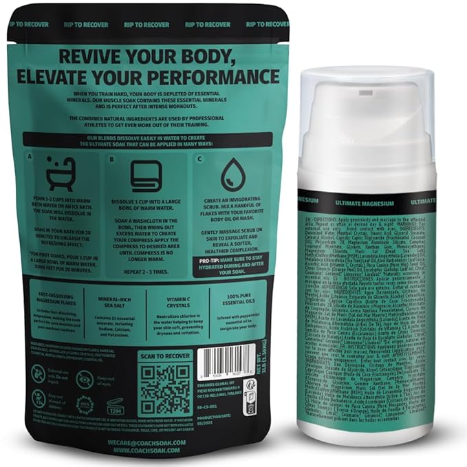 Coach Soak Recovery Bath Soak and Magnesium Lotion with MSM Eucalyptus Tea Tree Bundle (Cooling Peppermint)