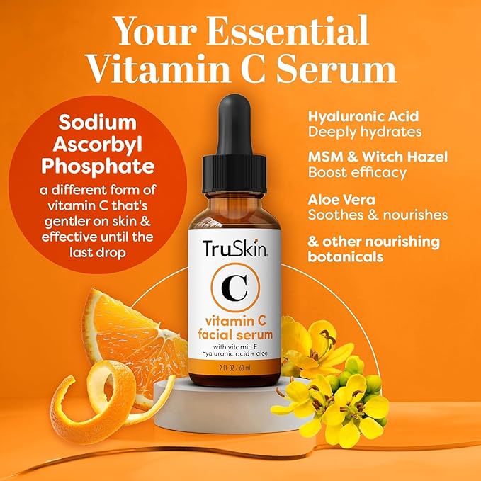 TruSkin Vitamin C Serum For Face – Anti Aging Formula with Vitamin C, Hyaluronic Acid, Vitamin E – Brightening Serum – Improve Appearance of Dark Spots, Tone, Fine Lines & Wrinkles, 2 Fl Oz