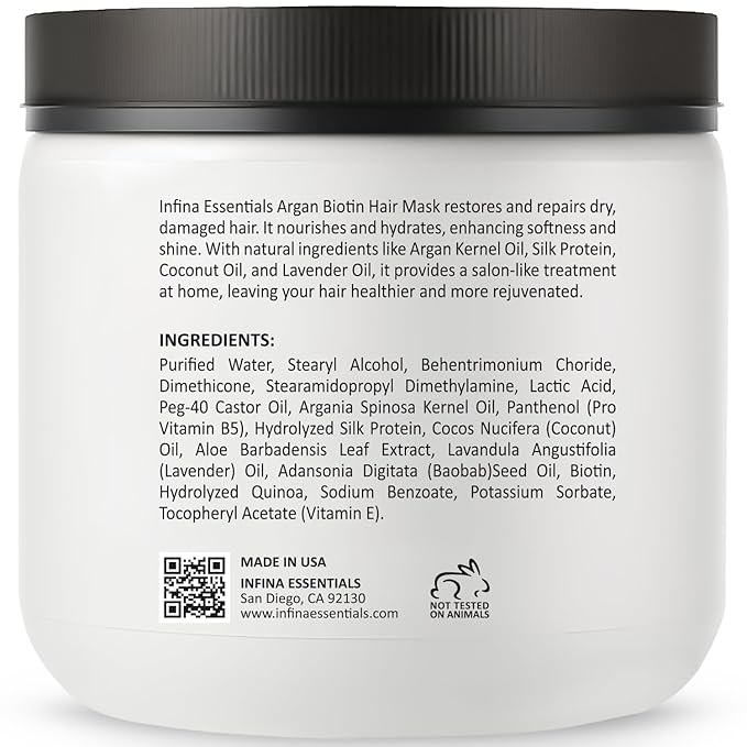 Argan Oil Hair Mask with Biotin - Intensive Hydrating Treatment & Deep Conditioning for Dry, Damaged Hair, Encourages Hair Growth - All Hair Types, Men & Women - 8.45 fl oz