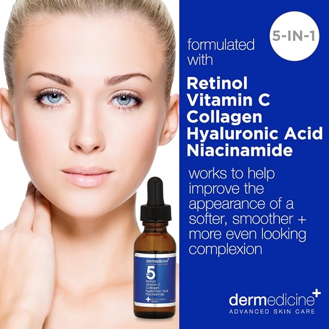 5 in 1 Potent Face Serum with Retinol, Vitamin C, Collagen, Hyaluronic Acid, Niacinamide | May Help Improve Appearance of Fine Lines and Reduce Appearance of Dark Spots | 1 fl oz / 30 ml